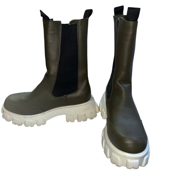 army green thick white lug sole boots 8 - Picture 1 of 5